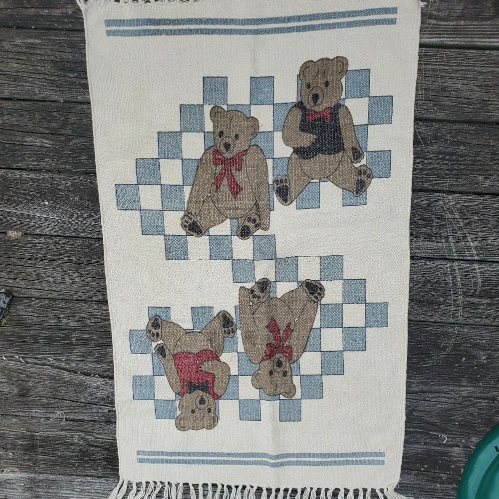 Teddy Bears On Check Woven Area Rug Or Wall Hanging W/ Fringe Ivory Blue Brown